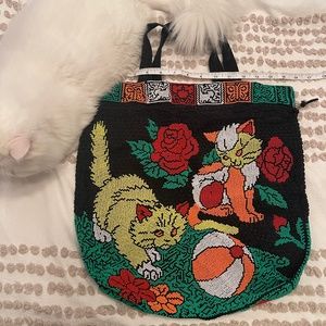 Vintage Beaded Bag with Cats & Roses & Balls